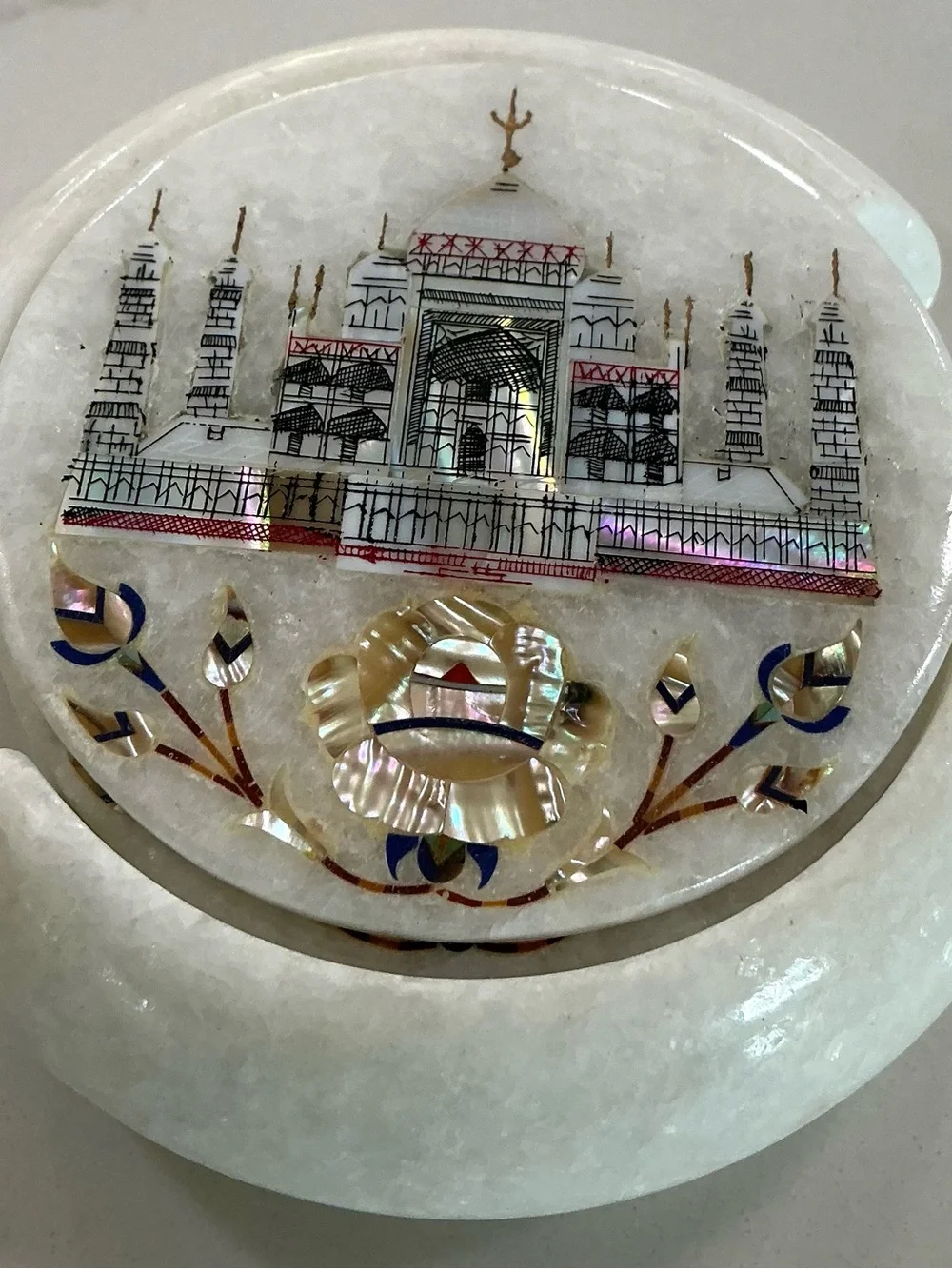 Set 6 Round Marble Tea Coaster Set Taj Mahal Art Gift-able Coaster for Eid 4.5”